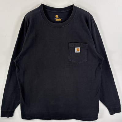 古着 カーハート Carhartt 長袖Tシャツ ワンポイント ロゴ 肉厚 胸ポケ L ブラック 無地 メンズ