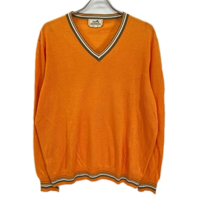 エルメス オレンジ リネン×シルク Vネック チルデンサマーニット L
