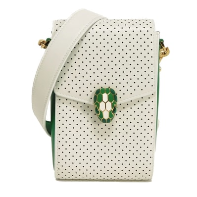 BVLGARI ブルガリ セルペンティ ヴァーティカル チェーン ポシェット スネークヘッド ロゴ 箔押し スムース パンチング テニスグリーン カードポケット RFID ICチップ 未使用 カサブランカ ホワイトアゲート ショルダーバッグ 292333