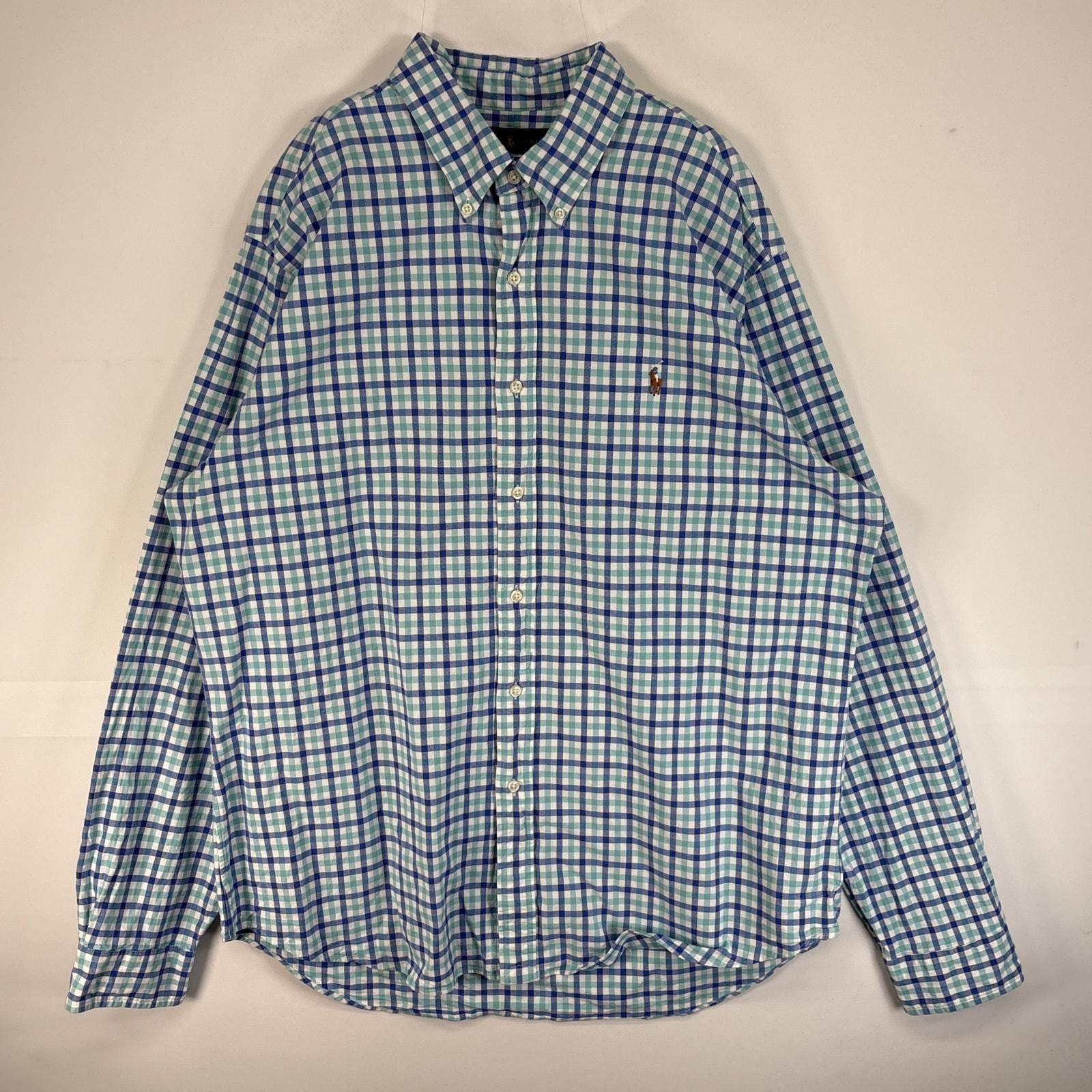 古着 ラルフローレン RALPH LAUREN 長袖シャツ ロゴ 刺繍 チェック オックスフォード 大きいサイズ 肉厚 14041  ブルー系 マルチカラー メンズ