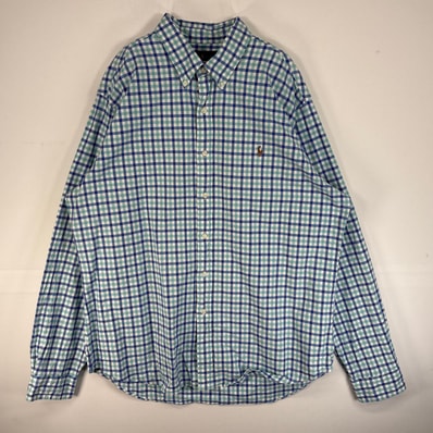 古着 ラルフローレン RALPH LAUREN 長袖シャツ ロゴ 刺繍 チェック オックスフォード 大きいサイズ 肉厚 14041 ブルー系 マルチカラー メンズ