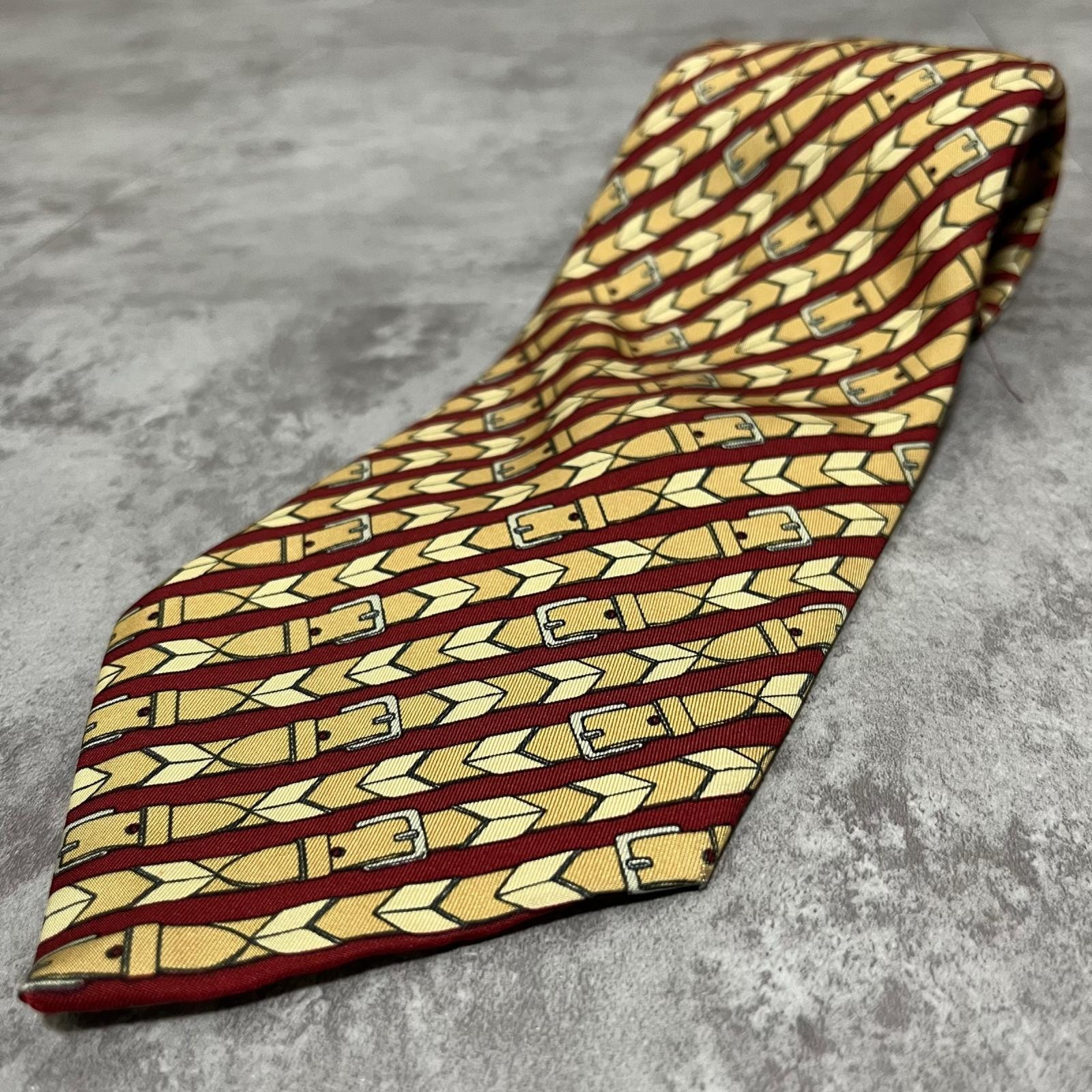 【HERMES】エルメス ネクタイ 馬具柄 ベルト バックル ストラップ 総柄 レッド イエロー フランス製 ヴィンテージ レギュラータイ メンズ