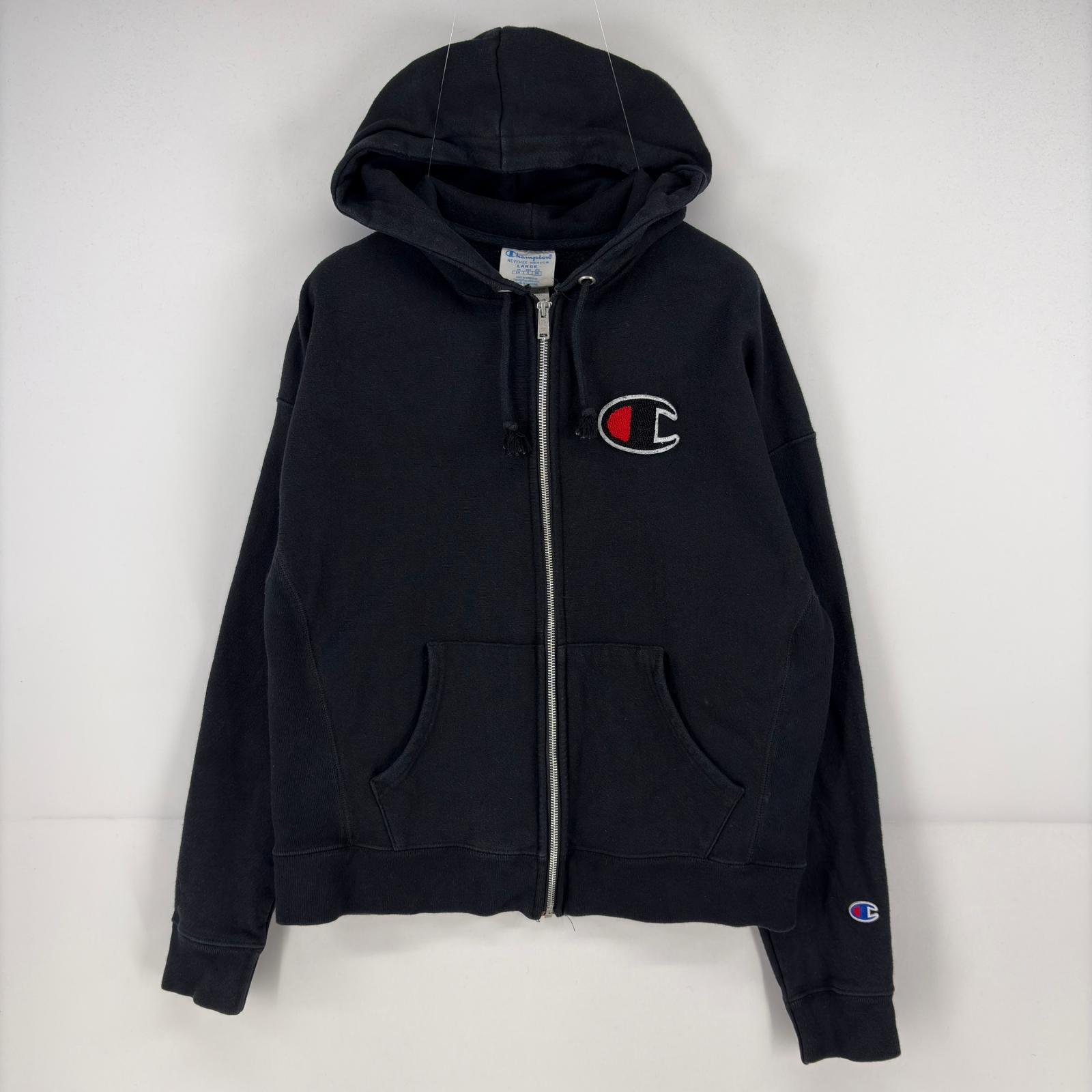 古着 チャンピオン Champion パーカー フルジップ リバースウィーブ ロゴ ワッペン スウッシュ L  ブラック レディース