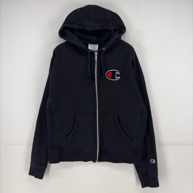 古着 チャンピオン Champion パーカー フルジップ リバースウィーブ ロゴ ワッペン スウッシュ L ブラック レディース