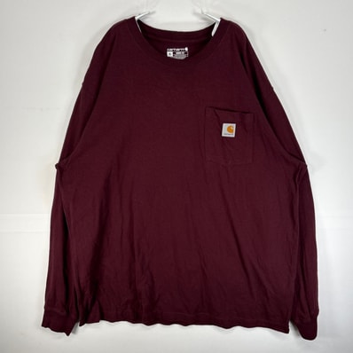 古着 カーハート Carhartt 長袖Tシャツ 大きいサイズ 肉厚 クルーネック ワンポイント ロゴ XL ワインレッド 無地 メンズ