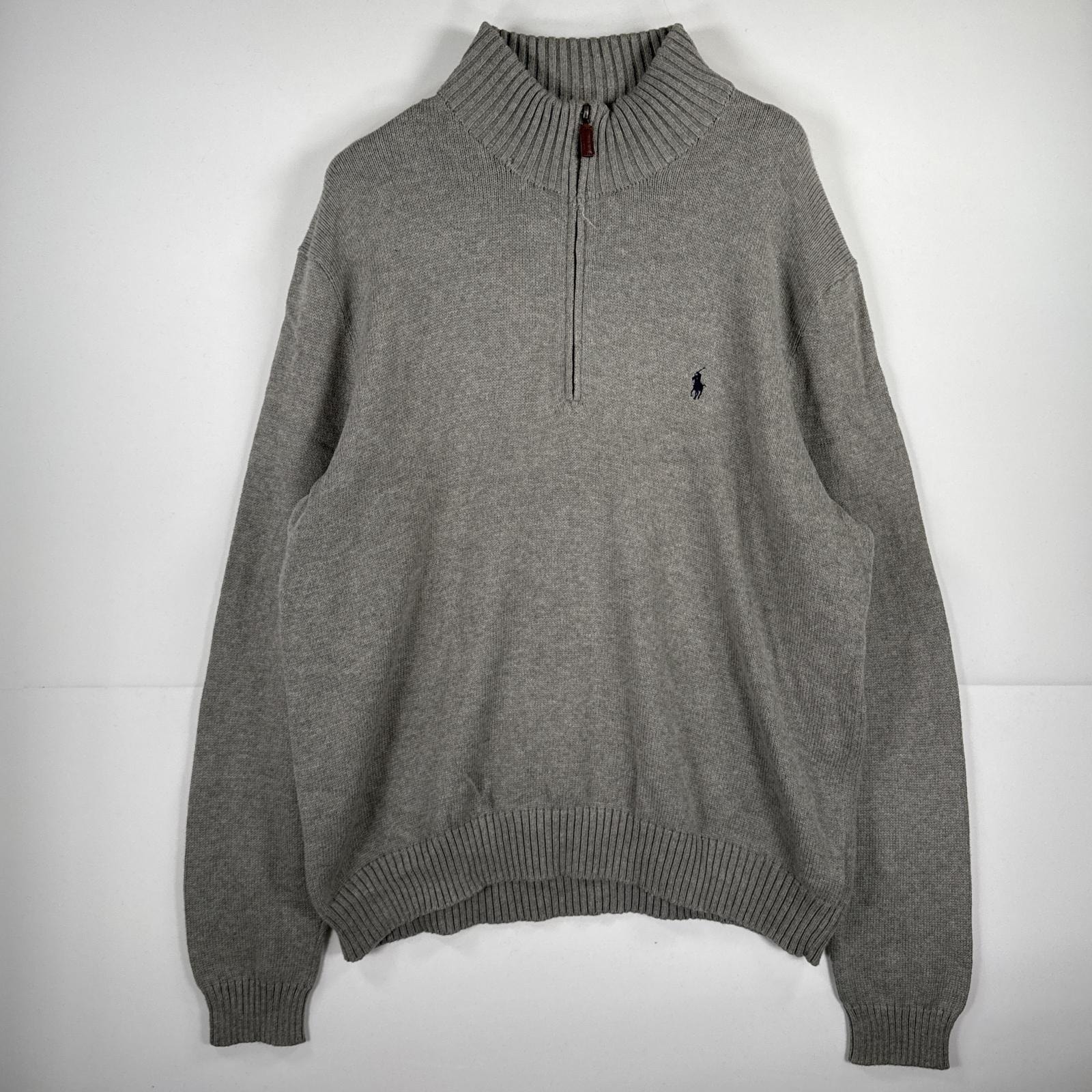 古着 ポロバイラルフローレン Polo by Ralph Lauren 長袖 ニット ハーフジップ ワンポイント トレーナー 大きいサイズ 14041  グレー 無地 メンズ