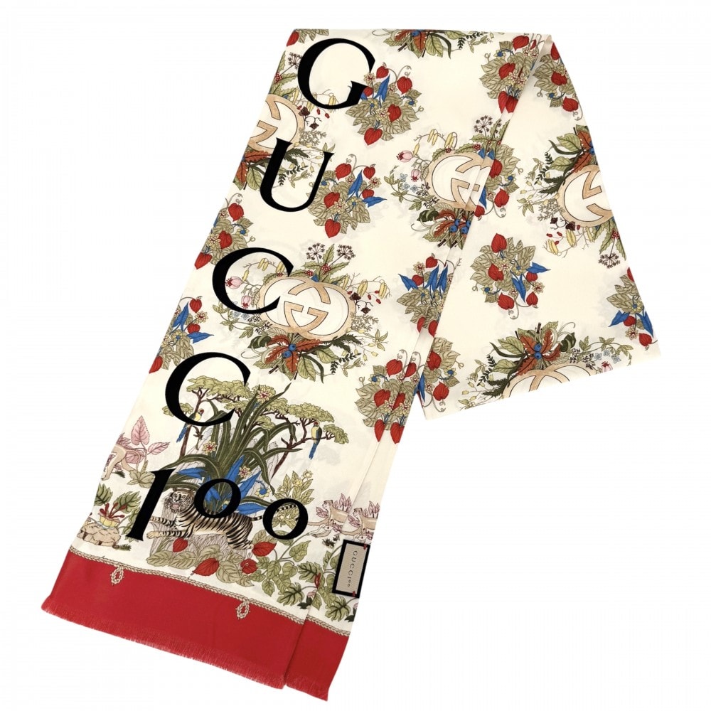 GUCCI グッチ ストール 100周年記念 花柄 大判スカーフ ファッションアイテム フラワー 692033 シルク    ベージュ レッド 赤 レディース 美品【中古品】