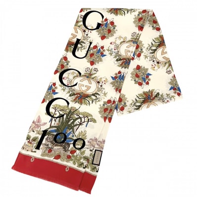 GUCCI グッチ ストール 100周年記念 花柄 大判スカーフ ファッションアイテム フラワー 692033 シルク ベージュ レッド 赤 レディース 美品【中古品】