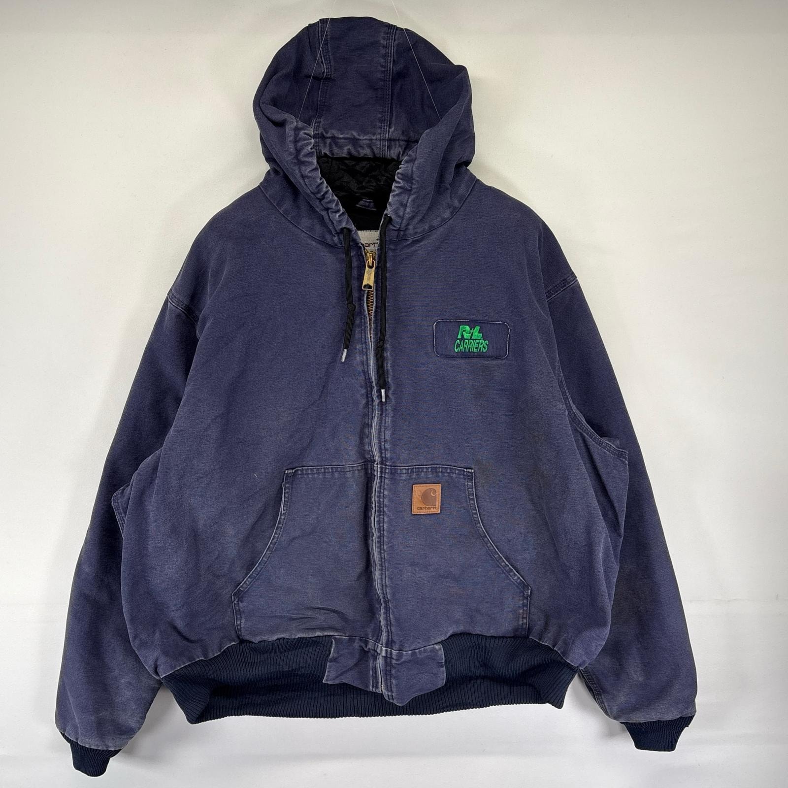 古着 カーハート Carhartt ダック ジャケット 中綿 アクティブジャケット フルジップ ロゴ 大きいサイズ 2XL  ネイビー系 メンズ