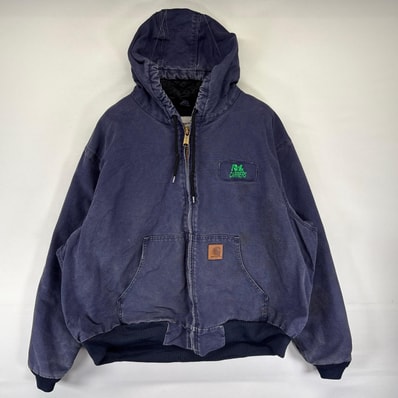 古着 カーハート Carhartt ダック ジャケット 中綿 アクティブジャケット フルジップ ロゴ 大きいサイズ 2XL ネイビー系 メンズ