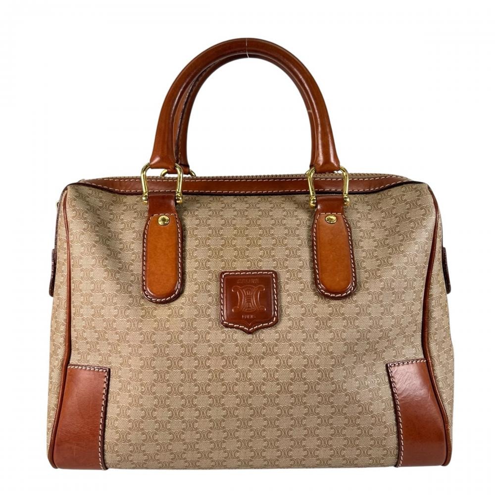CELINE セリーヌ ハンドバッグ マカダム センターロゴ PVCコーティングキャンバス  レザー   ベージュ ゴールド金具 レディース 美品【中古品】
