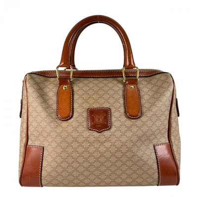 CELINE セリーヌ ハンドバッグ マカダム センターロゴ PVCコーティングキャンバス レザー ベージュ ゴールド金具 レディース 美品【中古品】