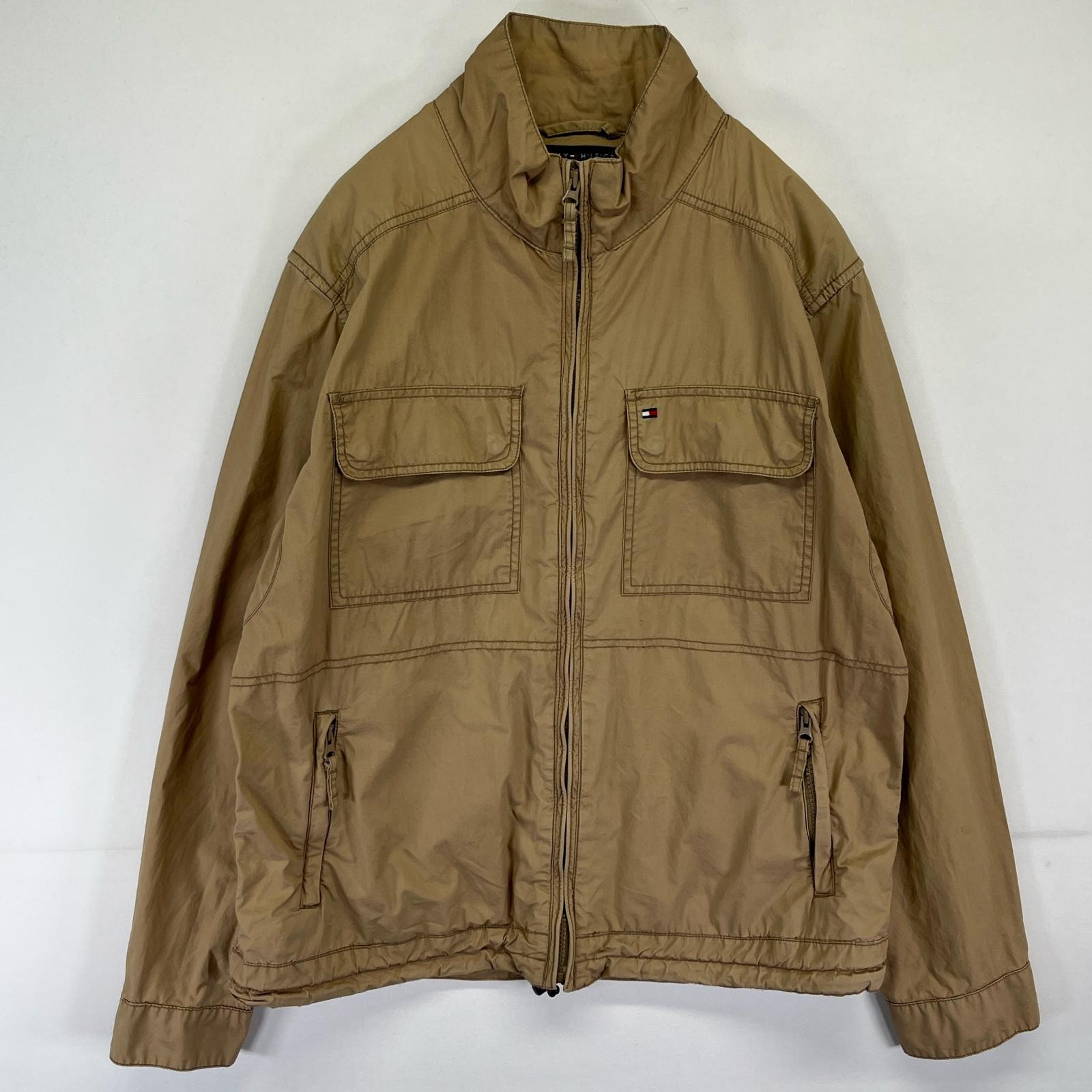 古着 トミーヒルフィガー TOMMY HILFIGER コットンジャケット フルジップ ワンポイントロゴ カバーオール M  ベージュ系 メンズ