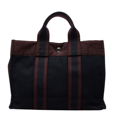 エルメス フールトゥPM ハンドバッグ トートバッグ ブラック ワインレッド ボルドー コットン レディース HERMES 【中古】