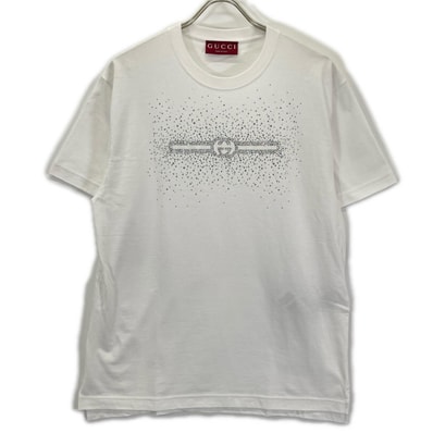 グッチ 25SS ホワイト クリスタル装飾付き コットン 半袖Tシャツ XS