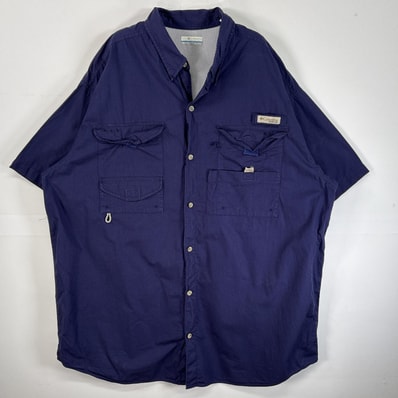 古着 コロンビア Columbia 半袖シャツ PFG フィッシングギア ワンポイント ロゴ 14041 ネイビー 無地 メンズ