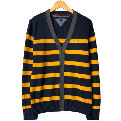 古着 トミーヒルフィガー TOMMY HILFIGER ボーダー柄 コットンニットカーディガン メンズM相当/eaa586301