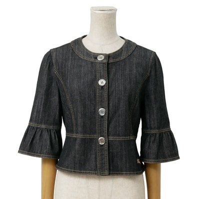 ■美品■BURBERRY バーバリー ノーカラージャケット サイズ40 デニムジャケット フレアスリーブ ブランド古着【中古】20260720/RB0160