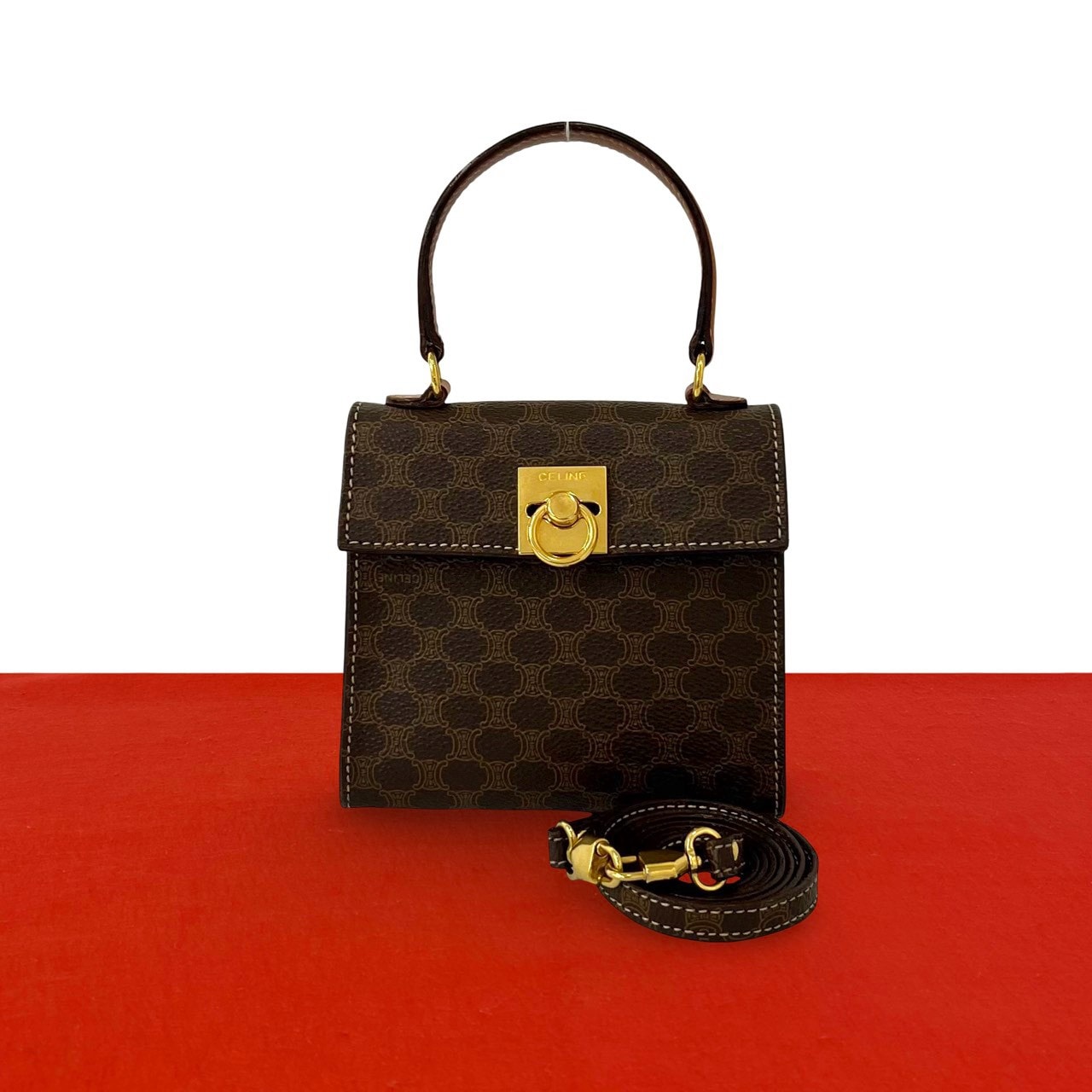 CELINE セリーヌ マカダム 柄 ロゴ リング 金具 レザー PVC ショルダーバッグ ブラウン
492-2