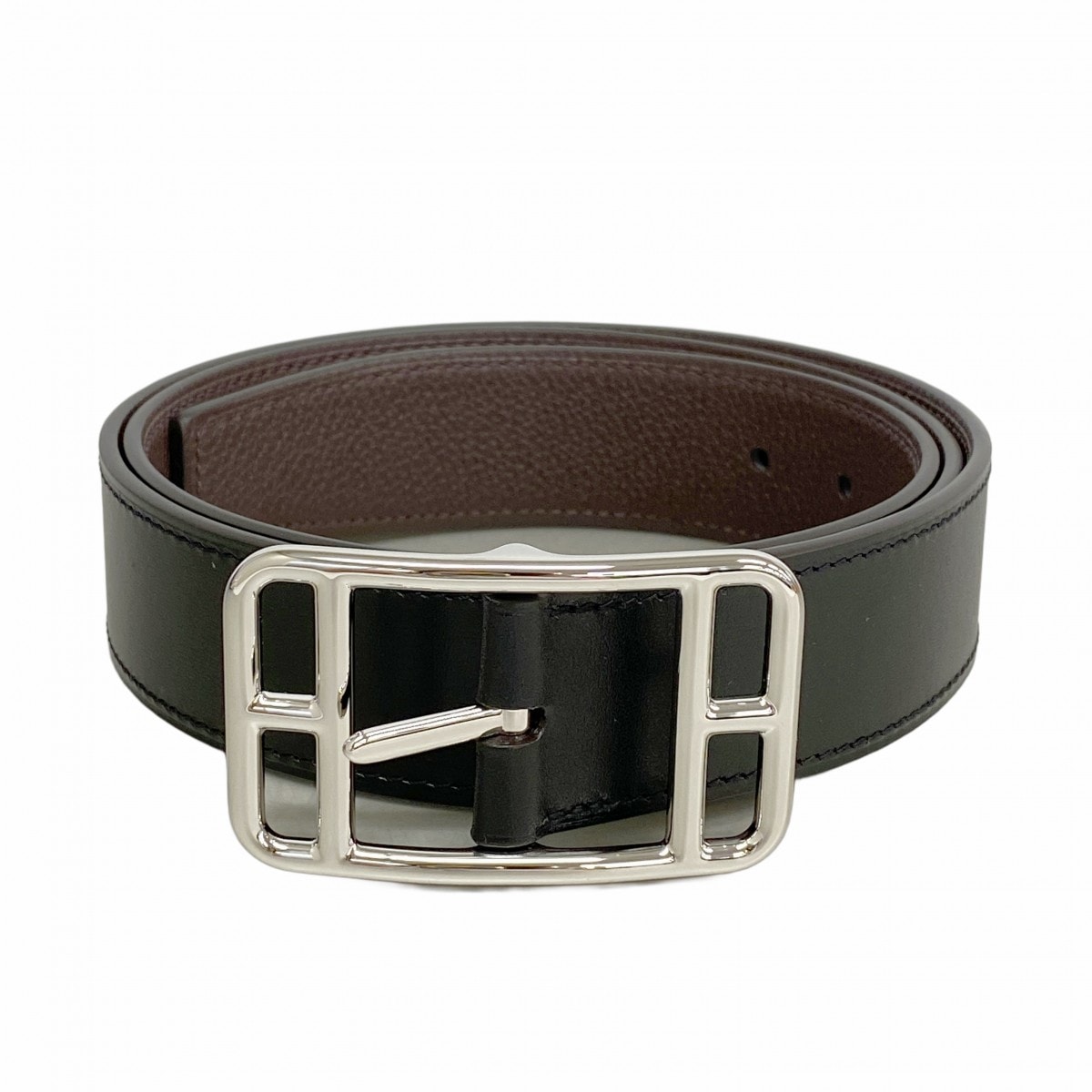 【6db1543-k】エルメス ベルト ケープコッド32 ボックスカーフ トゴ ブラック ショコラ シルバー金具 G刻印【中古】メンズ