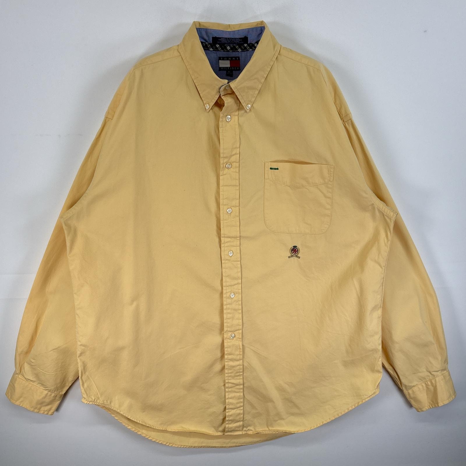 古着 90's/90年代 トミーヒルフィガー TOMMY HILFIGER 長袖シャツ ロゴ 刺繍 ボタンダウンシャツ 肉厚 XL イエロー 無地 メンズ