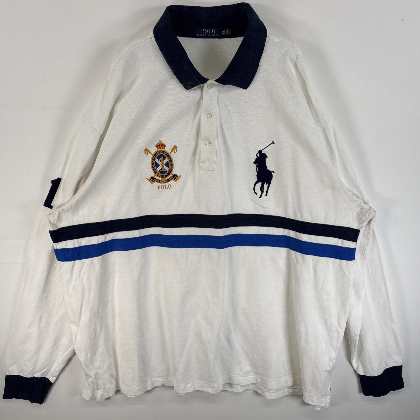 古着 ポロ・ラルフローレン POLO RALPH LAUREN 長袖 ポロシャツ ビックポニー 大きいサイズ ロゴ 刺繍 3XB  ホワイト系 マルチカラー メンズ