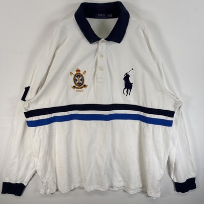 古着 ポロ・ラルフローレン POLO RALPH LAUREN 長袖 ポロシャツ ビックポニー 大きいサイズ ロゴ 刺繍 3XB ホワイト系 マルチカラー メンズ