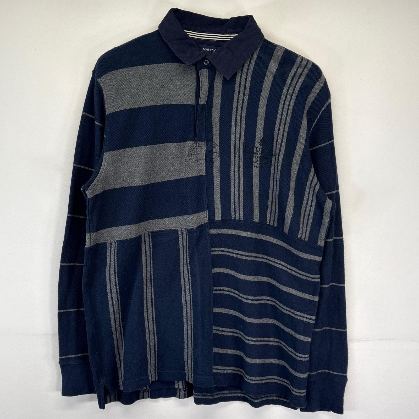 古着 ノーティカ NAUTICA 長袖 ポロシャツ ハーフジップ プルオーバー ワンポイントロゴ刺繍ロゴデザイン L  ネイビー メンズ