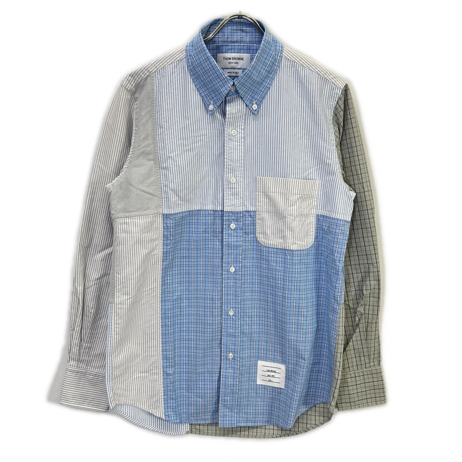 トムブラウン MWL320A-07147480 ライトブルー パッチワーク ロングスリーブボタンダウンシャツ 1