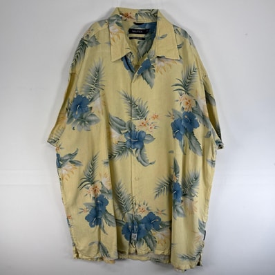 古着 ノーティカ NAUTICA 半袖シャツ アロハ シルク 植物 花 大きいサイズ 14041 イエロー 総柄 メンズ