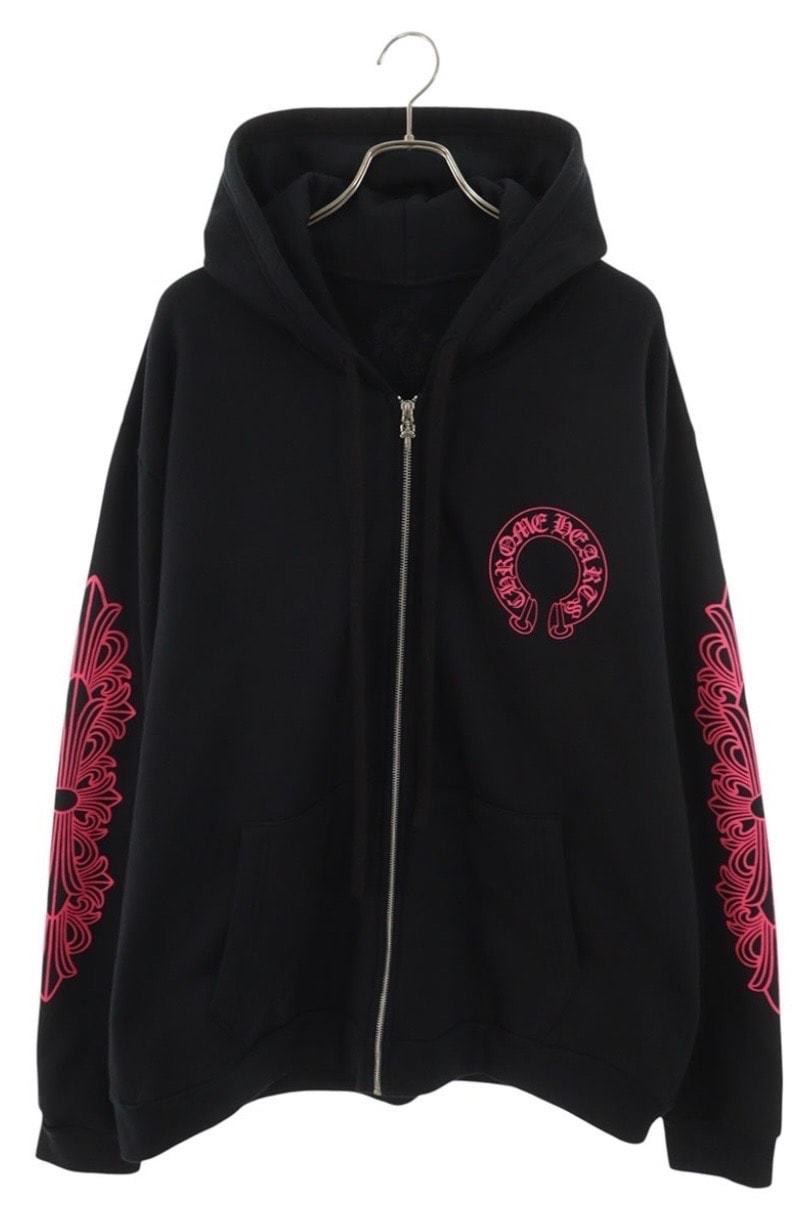 Chrome Hearts Horseshoe Floral Cross Zip-Up Hoodie "Black/Pink"