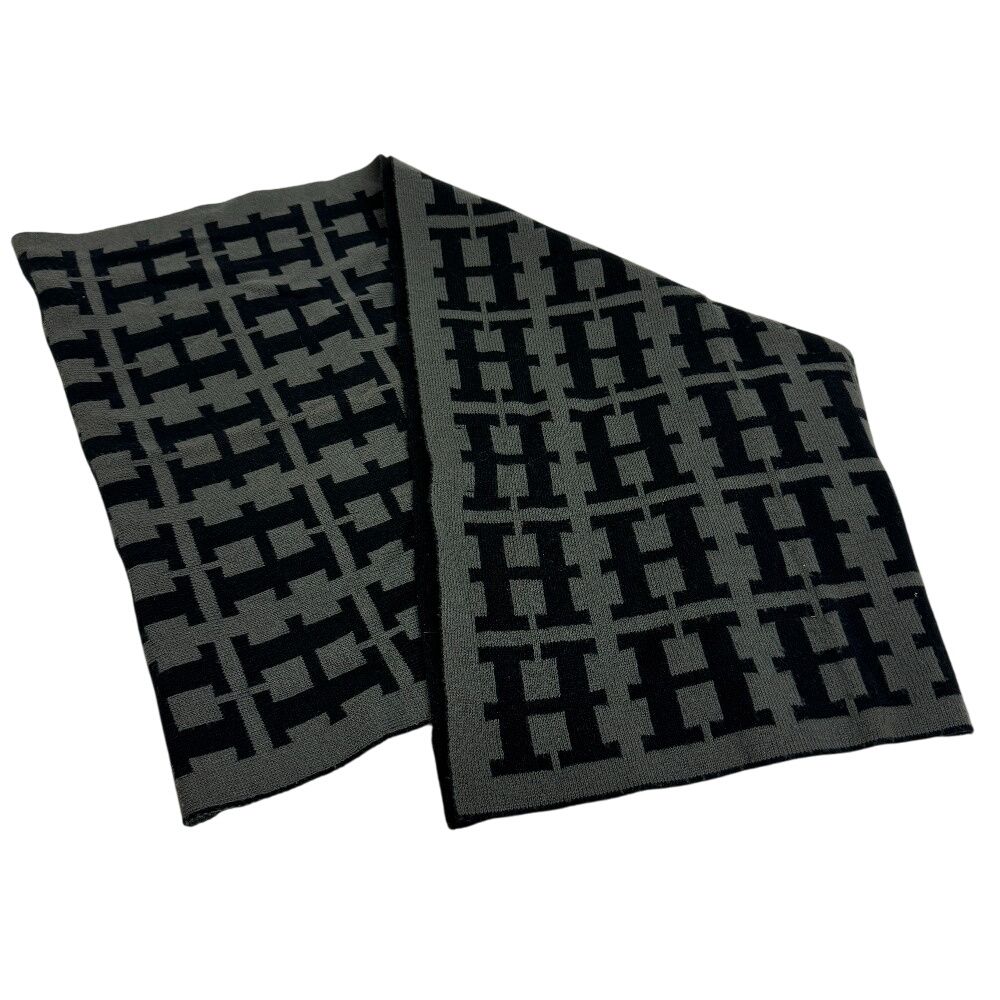 【美品】Hermès エルメス　カシミア　マフラー　H柄　バイカラー　グレー/黒 マフラー カシミヤ H柄 黒/グレー