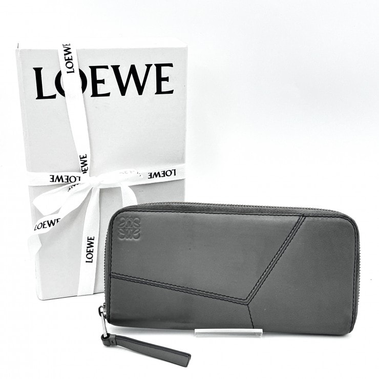 LOEWE(ロエベ)パズル ジップアラウンドウォレット ラウンドファスナー長財布 グレー レザー シルバー メンズ レディース【中古】