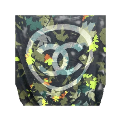 美品 CHANEL シャネル カモフラ ココマーク グリーン マルチカラー カシミヤ 大判スカーフ ストール 504174 【中古】