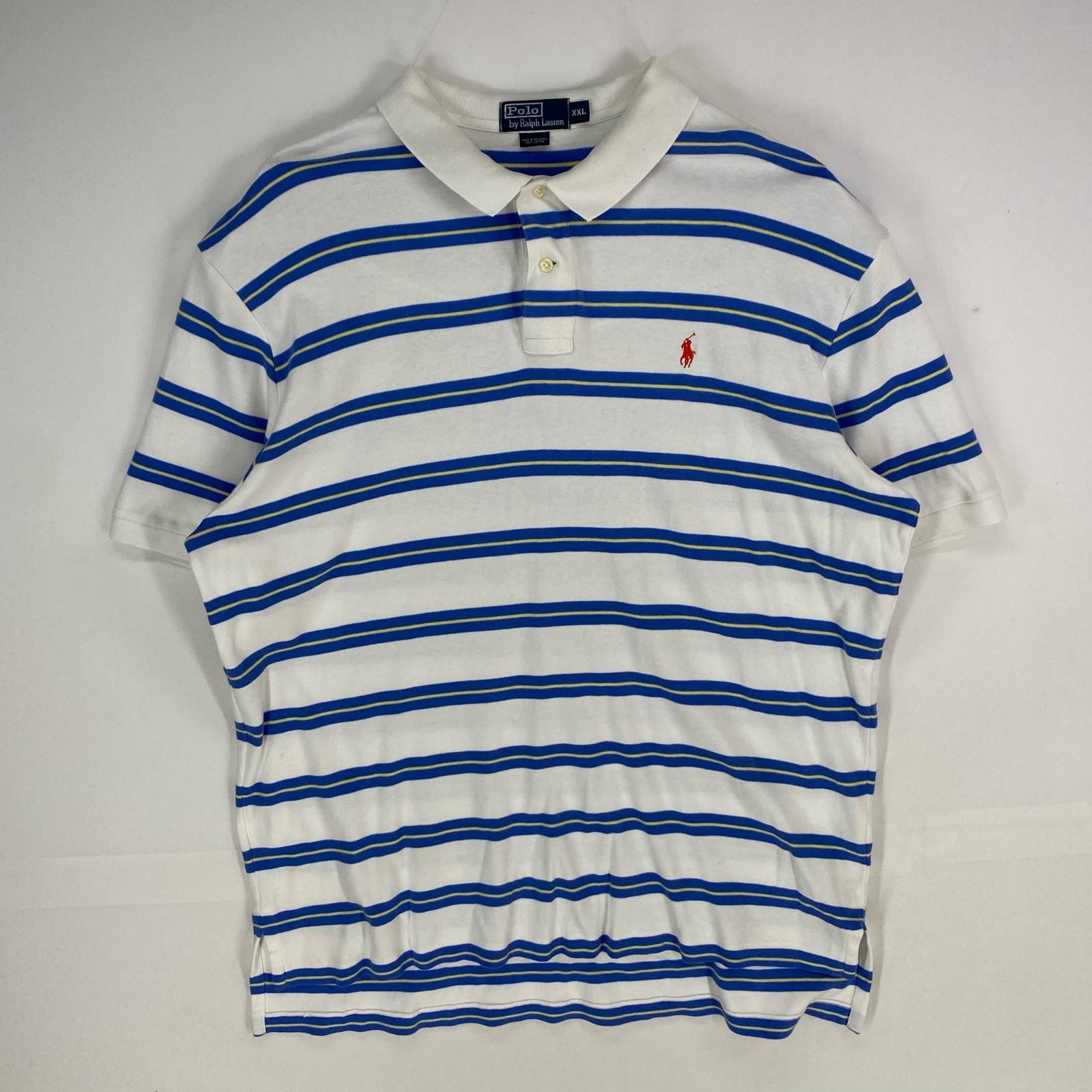 古着 ポロバイラルフローレン Polo by Ralph Lauren 半袖シャツ 刺繍ロゴ ワンポイント ポロシャツ 2XL  ホワイト系 ボーダー メンズ