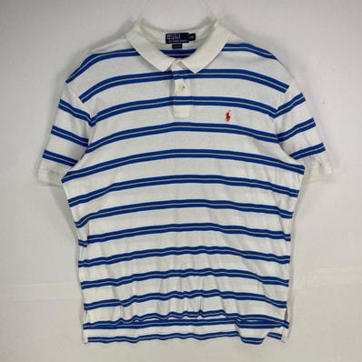 古着 ポロバイラルフローレン Polo by Ralph Lauren 半袖シャツ 刺繍ロゴ ワンポイント ポロシャツ 2XL ホワイト系 ボーダー メンズ
