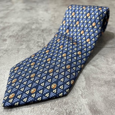 【HERMES】エルメス ネクタイ ワイン 葡萄 ブドウ グレープ 樽 バレル ネイビー オレンジ フランス製 総柄 小紋 ヴィンテージ メンズ 紳士