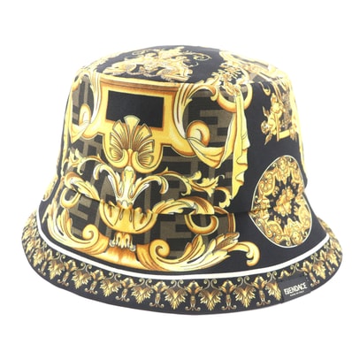 極美品 フェンディ ヴェルサーチ ハット ブラック イエロー ブラウン メンズ M FXQ698