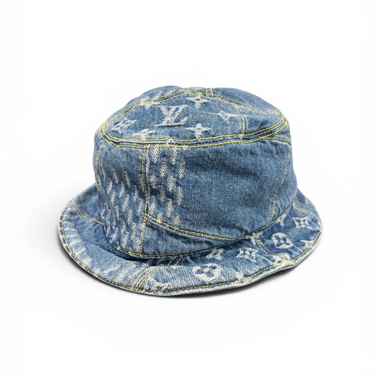 LOUIS VUITTON × NIGO 極美品 ルイヴィトン ニゴ ボネ ダミエ ジャイアント ウェーブ モノグラムデニム バケットハット MP2733 コットン NX0230 ブルー #58 帽子 Aランク 中古 鑑定済 ヴィトンハット