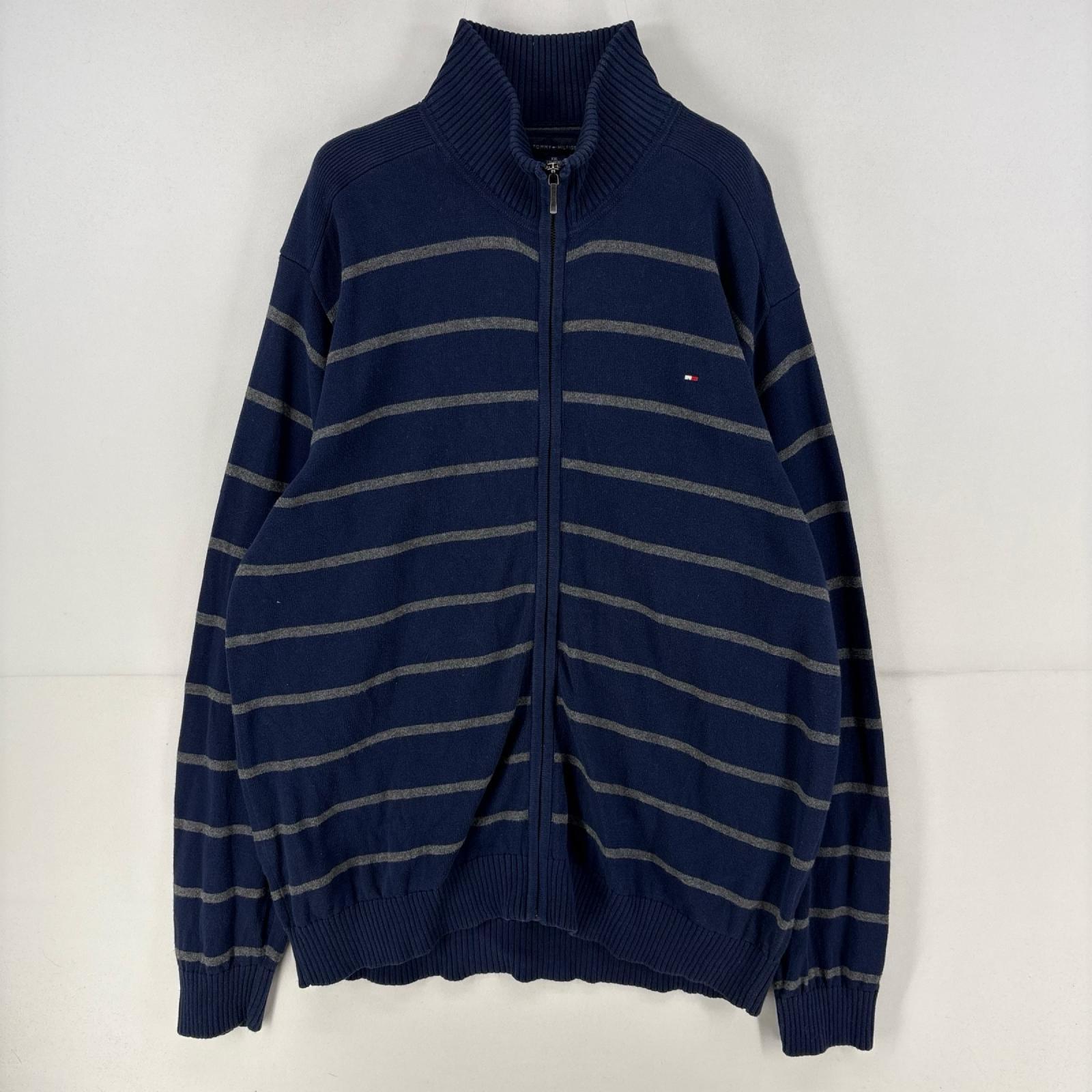古着 トミーヒルフィガー TOMMY HILFIGER ニット ロゴ 刺繍 セーター ハーフジップ トレーナー 2XL  ネイビー ボーダー メンズ
