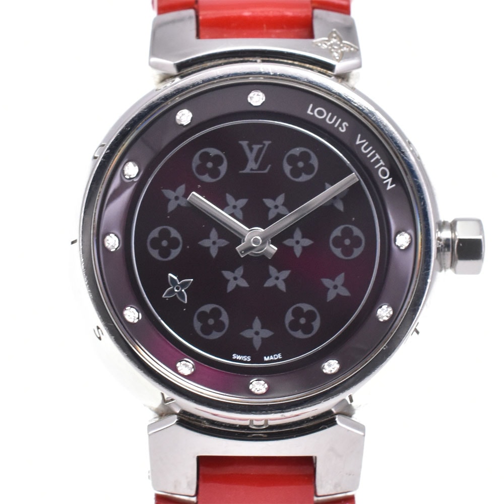 ルイ・ヴィトン LOUIS VUITTON Q12M3 タンブール ディスクディアモン 10P ダイヤ アマラント クォーツ レディース 良品 腕時計 D#147216