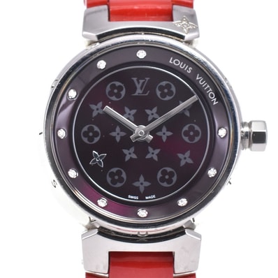 ルイ・ヴィトン LOUIS VUITTON Q12M3 タンブール ディスクディアモン 10P ダイヤ アマラント クォーツ レディース 良品 腕時計 D#147216