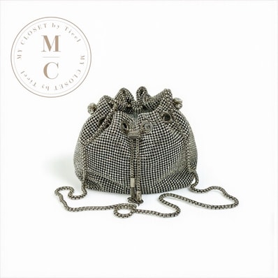 ジミーチュウ JIMMY CHOO ボンボン バッグ ショルダーバッグ シルバー ラインストーン 巾着 チェーン 2WAY ハンドバッグ パーティーバッグ