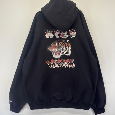 古着 チャンピオン Champion パーカー プルオーバー 目無し 大きいサイズ XL ブラック系 バックプリント メンズ