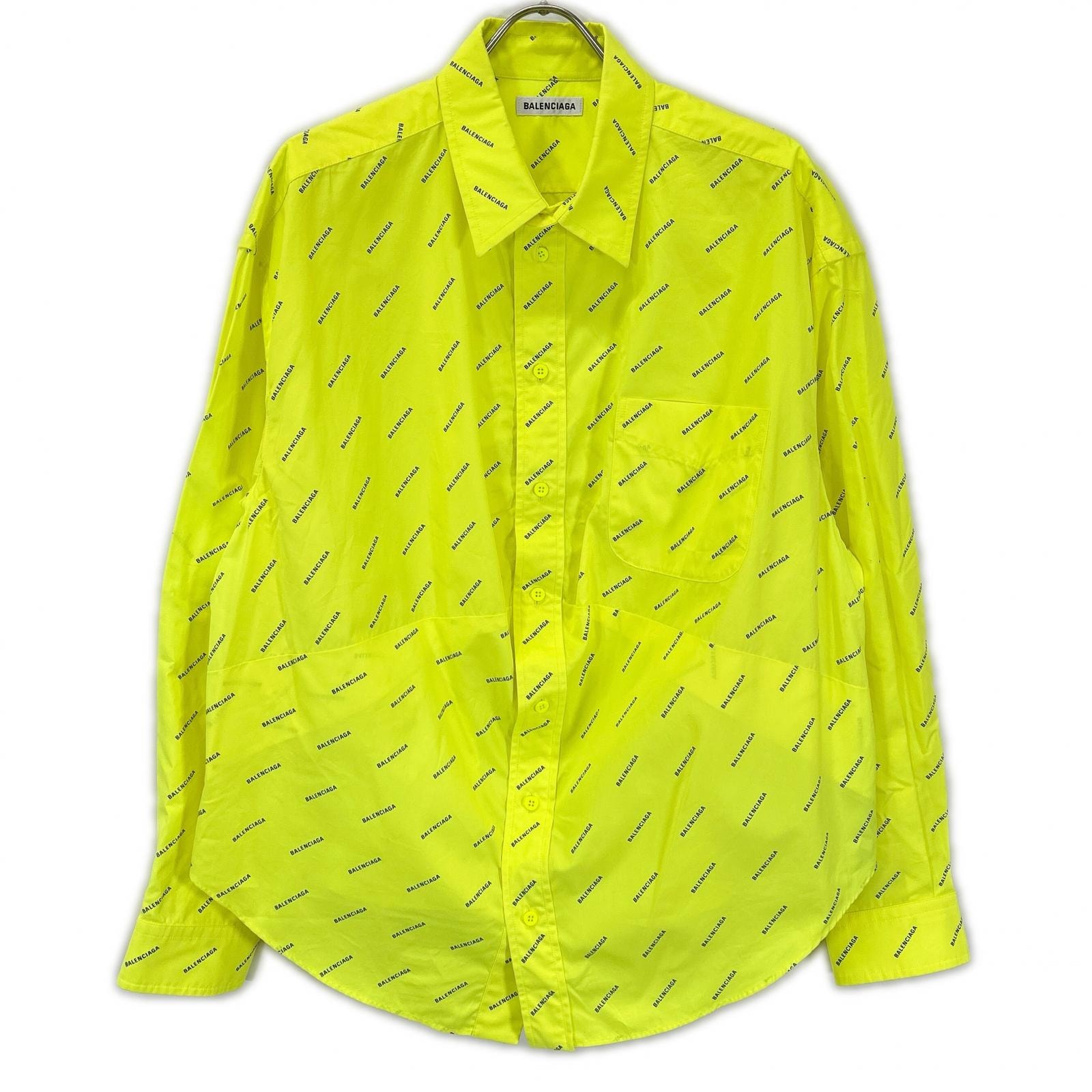バレンシアガ 20年 ネオンイエロー コットン ロゴプリント シャツ 34