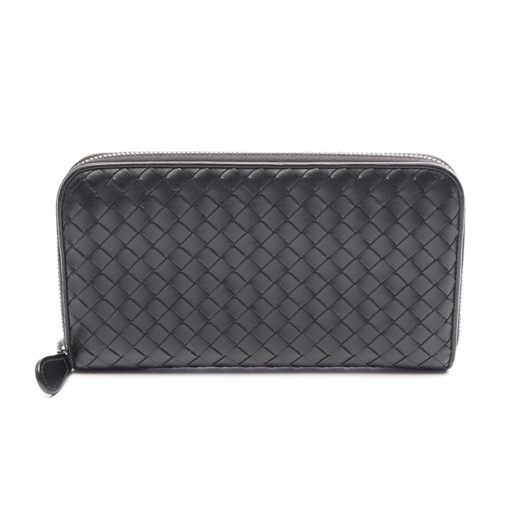 ボッテガヴェネタ BOTTEGA VENETA イントレチャート ラウンド長財布 財布 レザー メンズ ブラック系 【中古】