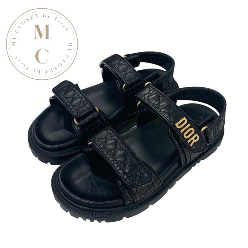 クリスチャンディオール CHRISTIAN DIOR DIORACT サンダル 靴 シューズ カーフスキン ブラック 黒 ゴールド ロゴ カナージュ キルティング スポーツサンダル フラット