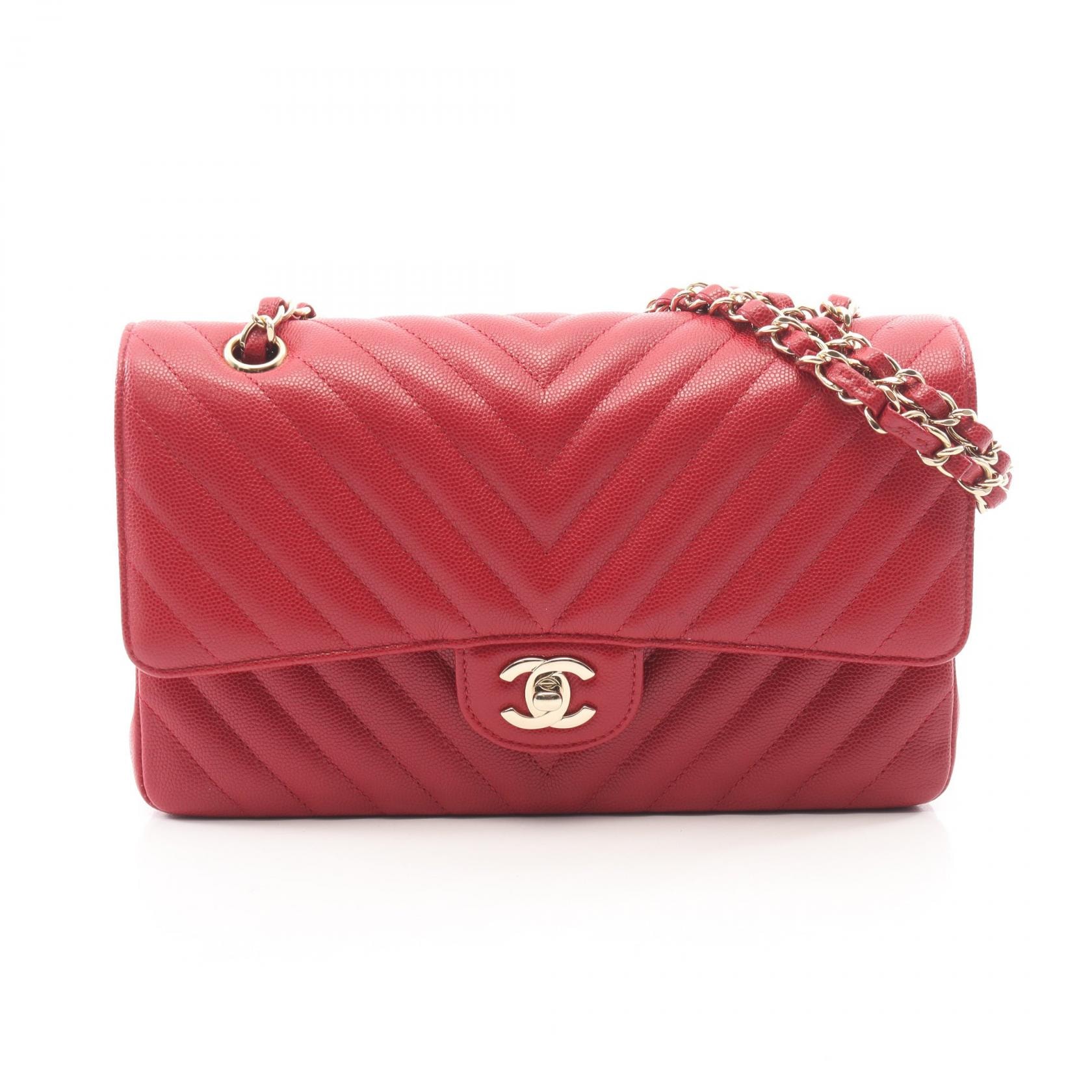 シャネル CHANEL シェブロン Vステッチ Wフラップ ショルダーバッグ バッグ キャビアスキン(グレインドカーフ) レディース レッド系 【中古】
