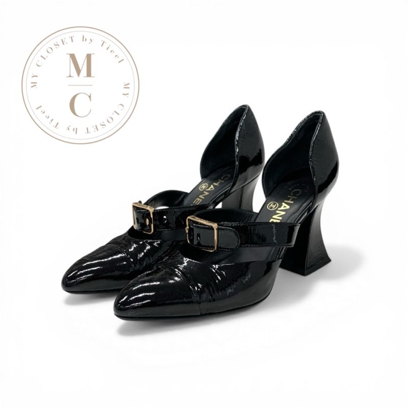 シャネル CHANEL パンプス 靴 シューズ パテント ブラック 黒 ココマーク ロゴ ベルト ストラップ