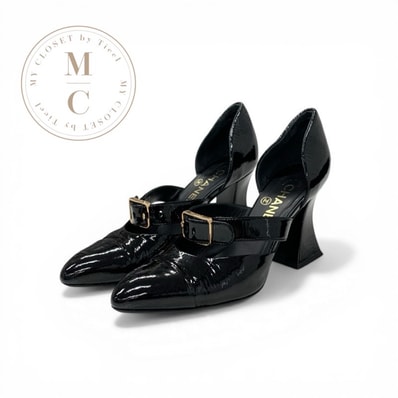 シャネル CHANEL パンプス 靴 シューズ パテント ブラック 黒 ココマーク ロゴ ベルト ストラップ